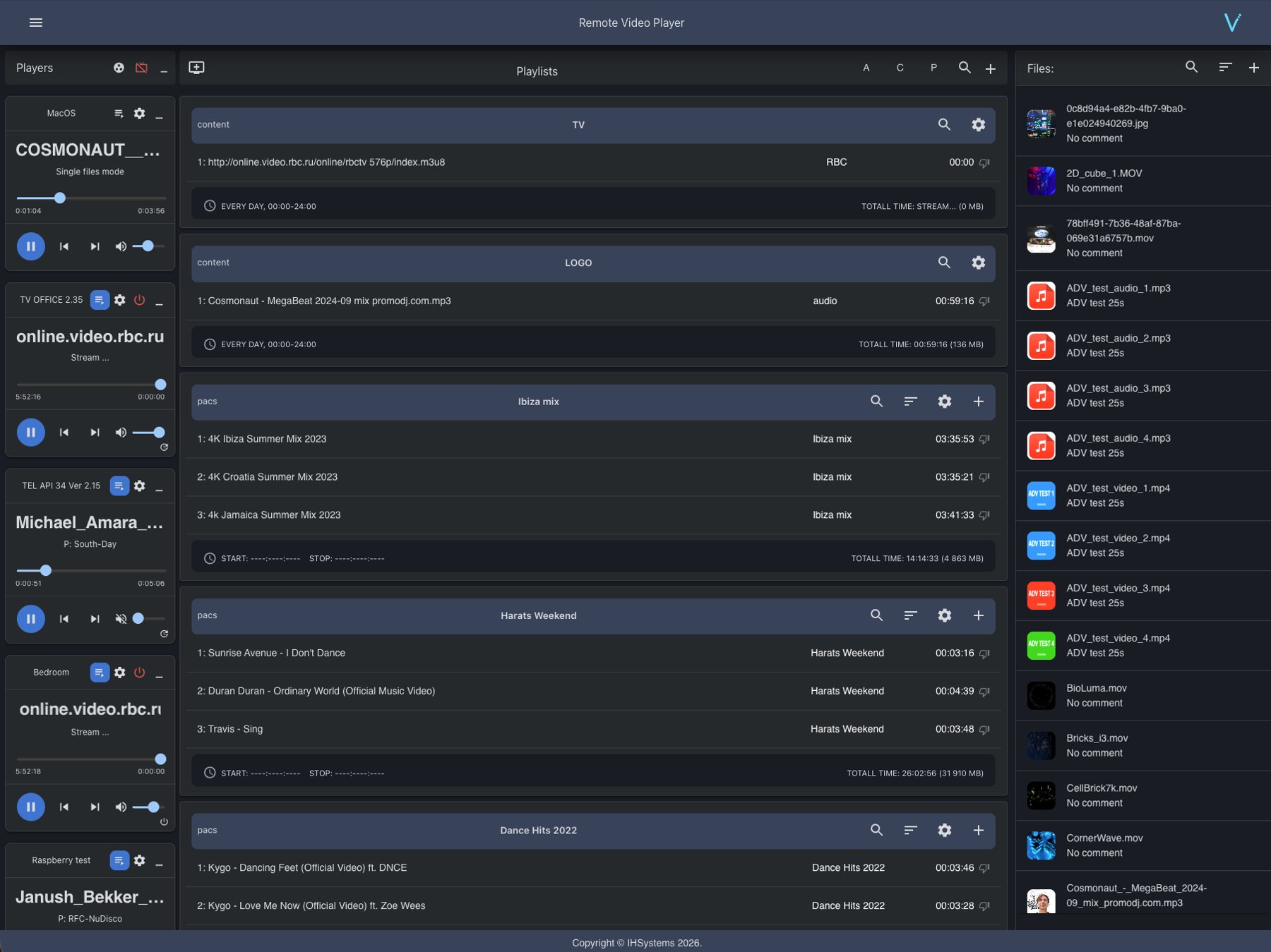 ReViP dashboard: live players, scheduled playlists, files